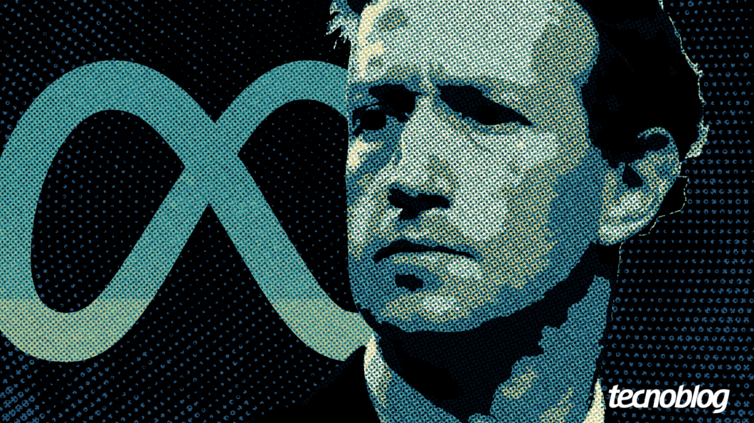 Arte com a logomarca da Meta à esquerda e o rosto de Mark Zuckerberg à direita. Na parte inferior direita está a logomarca do Tecnoblog.