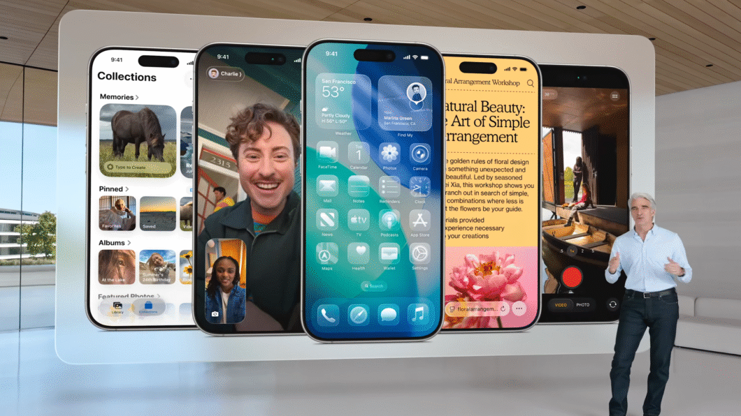 Cinco telas do iPhone durante apresentação da WWDC 2025. Elas mostram ícones translúcidos e monocromáticos.
