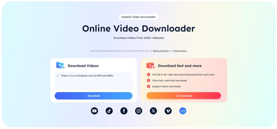 P&aacute;gina do EaseUS Online Video Downloader