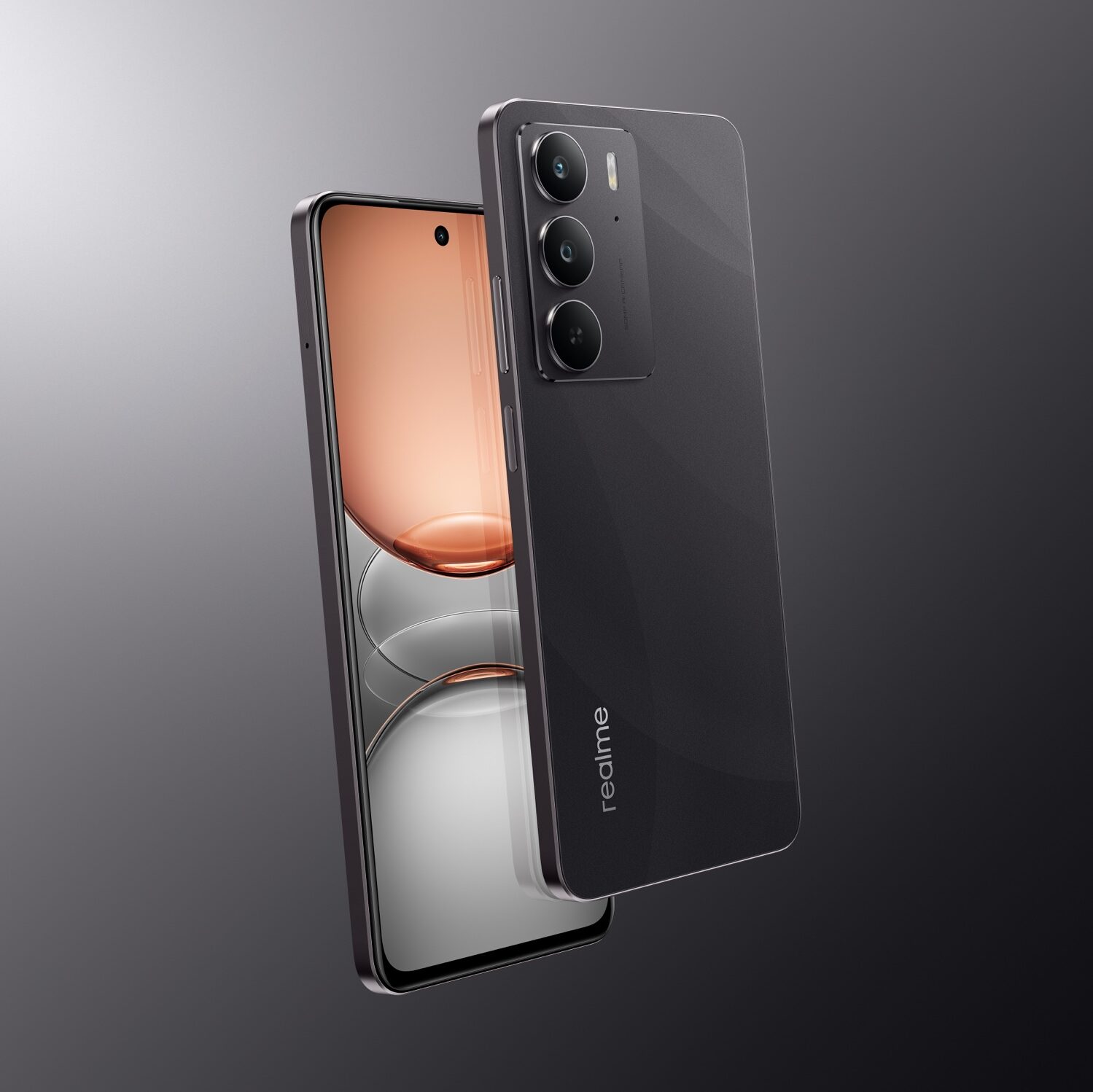 Imagem mostra dois &acirc;ngulos de um smartphone Realme C75 5G preto, que flutuam em um fundo cinza escuro. Uma vista mostra a tela acesa com um papel de parede de cor clara, enquanto a outra revela a parte traseira com o m&oacute;dulo de tr&ecirc;s c&acirc;meras e o logo "realme" na parte inferior.