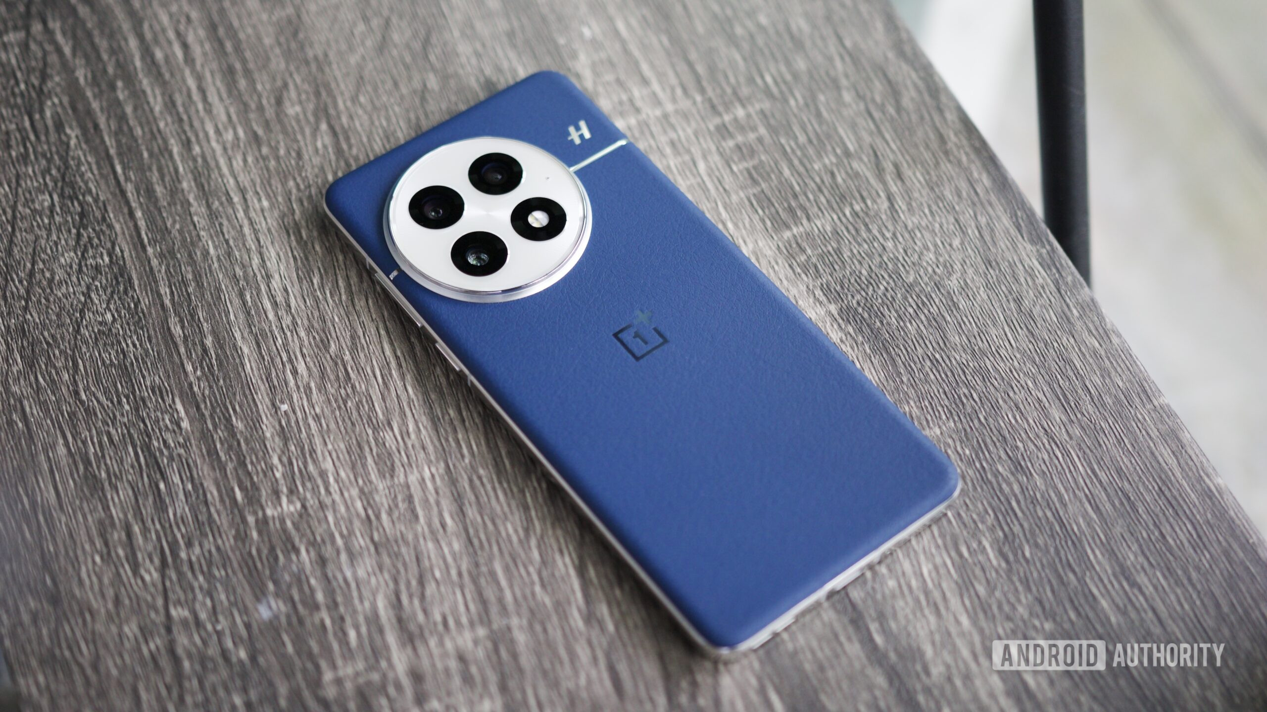 O OnePlus 13 de couro azul em uma prateleira.