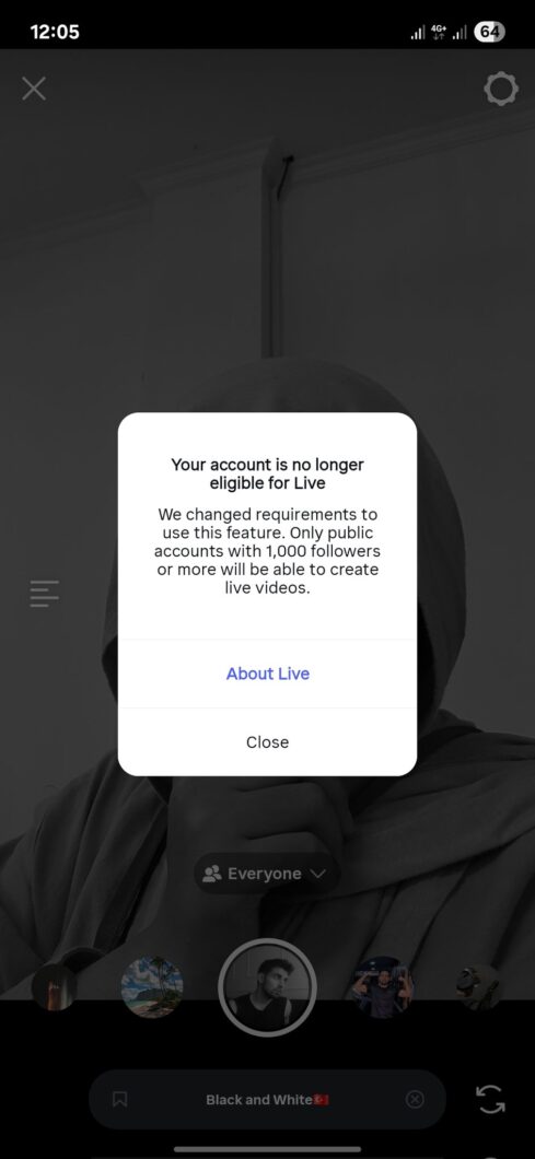 Captura de tela mostra um aviso no Instagram informando quantidade m&iacute;nima de seguidores para abrir uma transmiss&atilde;o ao vivo.