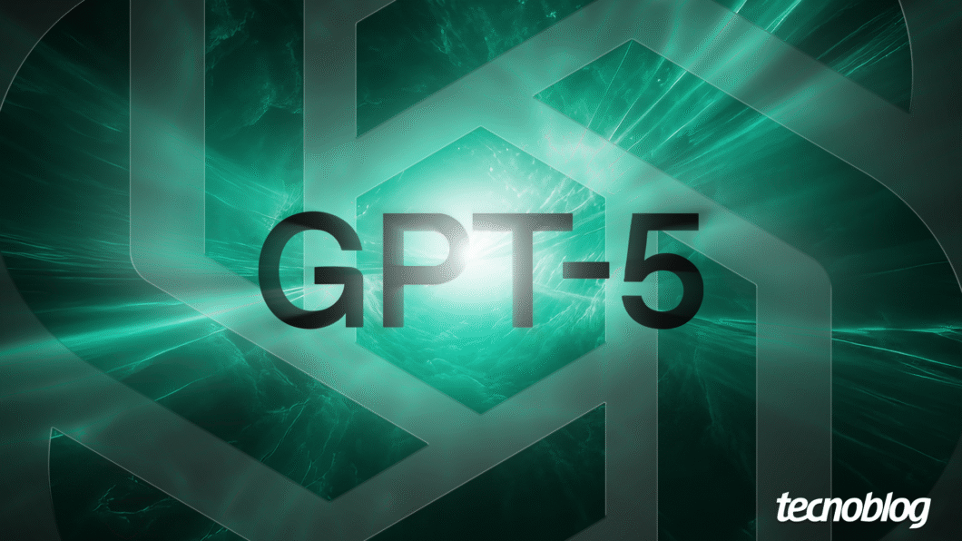 Imagem mostra as letras "GPT" e o número "5" em preto no centro de um fundo com padrão geométrico hexagonal, em tons de verde e azul-esverdeado, com um ponto de luz brilhante. O logo "tecnoblog" aparece no canto inferior direito.