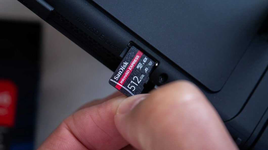 Ilustração de cartão microSD Express em um Nintendo Switch 2