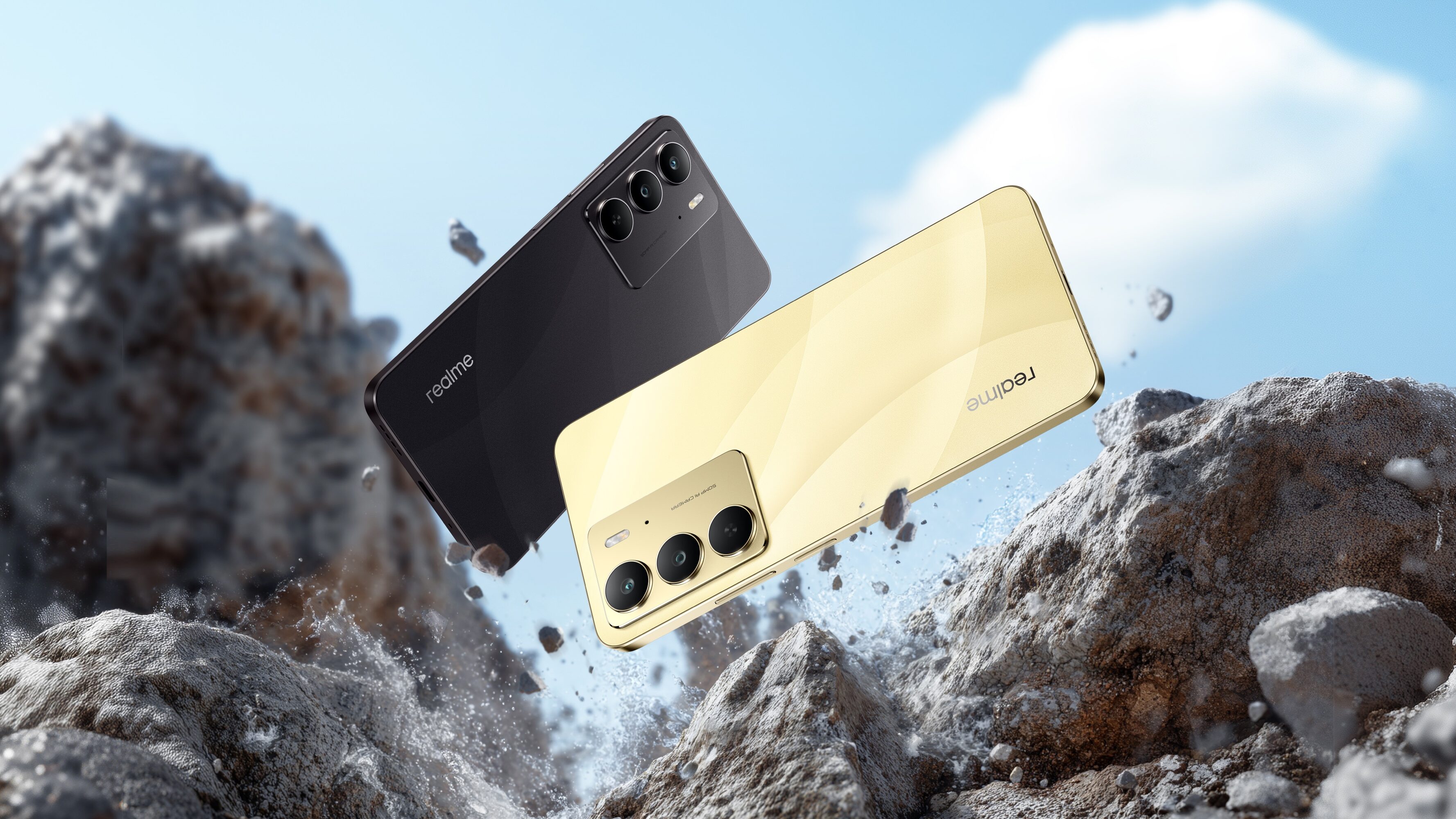 Dois smartphones Realme C75 5G, um preto e um dourado, flutuam no ar entre grandes rochas. Ambos exibem a parte traseira com o logo "realme" e o m&oacute;dulo de c&acirc;mera. O fundo &eacute; um c&eacute;u azul com uma nuvem branca.