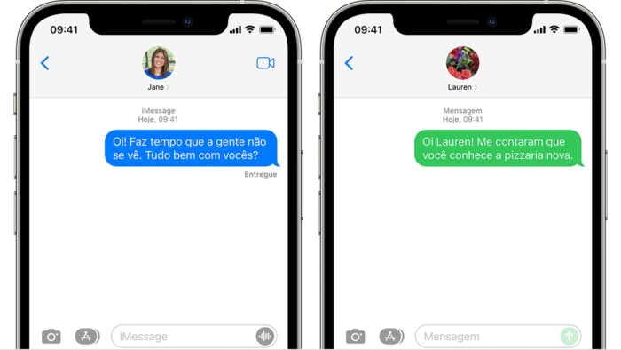iMessage &agrave; esquerda, SMS &agrave; direta (imagem: reprodu&ccedil;&atilde;o/Apple)