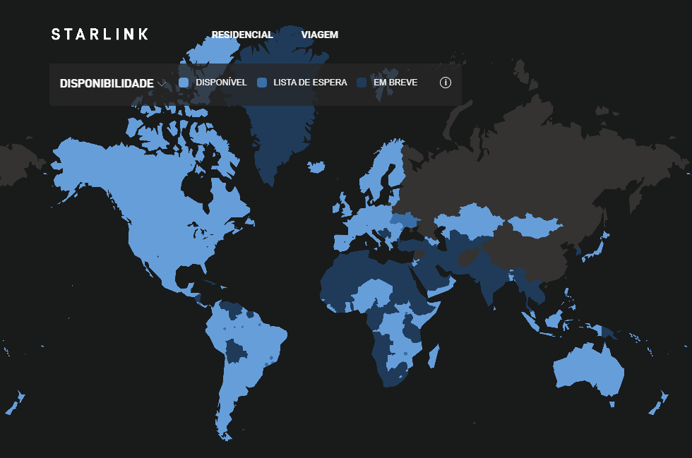 imagem do mapa de cobertura da Starlink