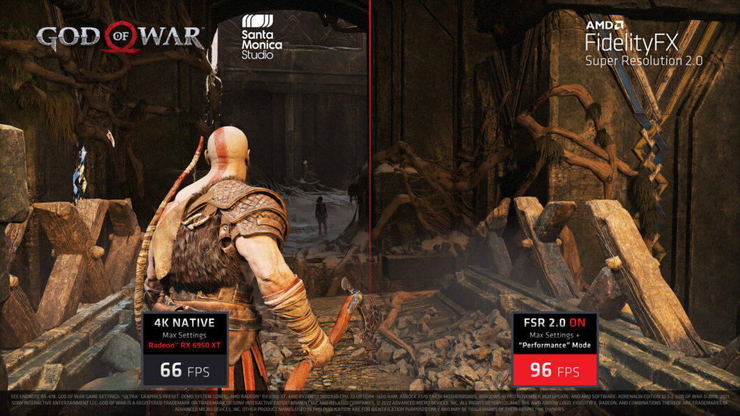 Imagem comparativa das resolu&ccedil;&otilde;es oferecidas pelo AMD FidelityFX no jogo God of War
