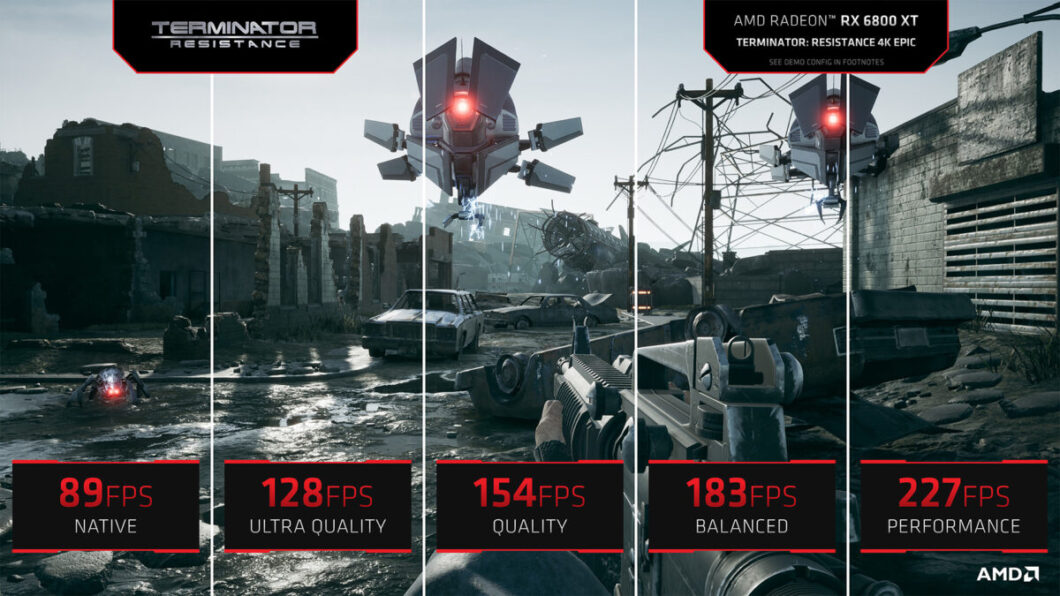 Imagem comparativa das resolu&ccedil;&otilde;es oferecidas pelo AMD FidelityFX no jogo Terminator Resistance
