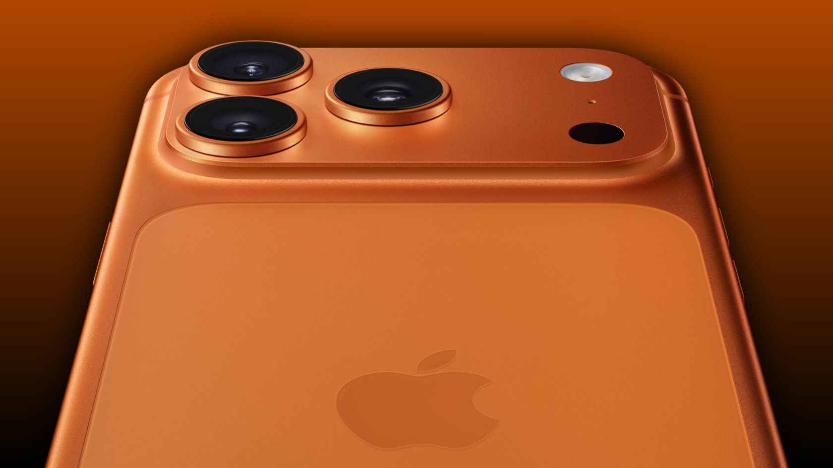 Uma renderização do iPhone 17 Pro contra um fundo laranja e preto.
