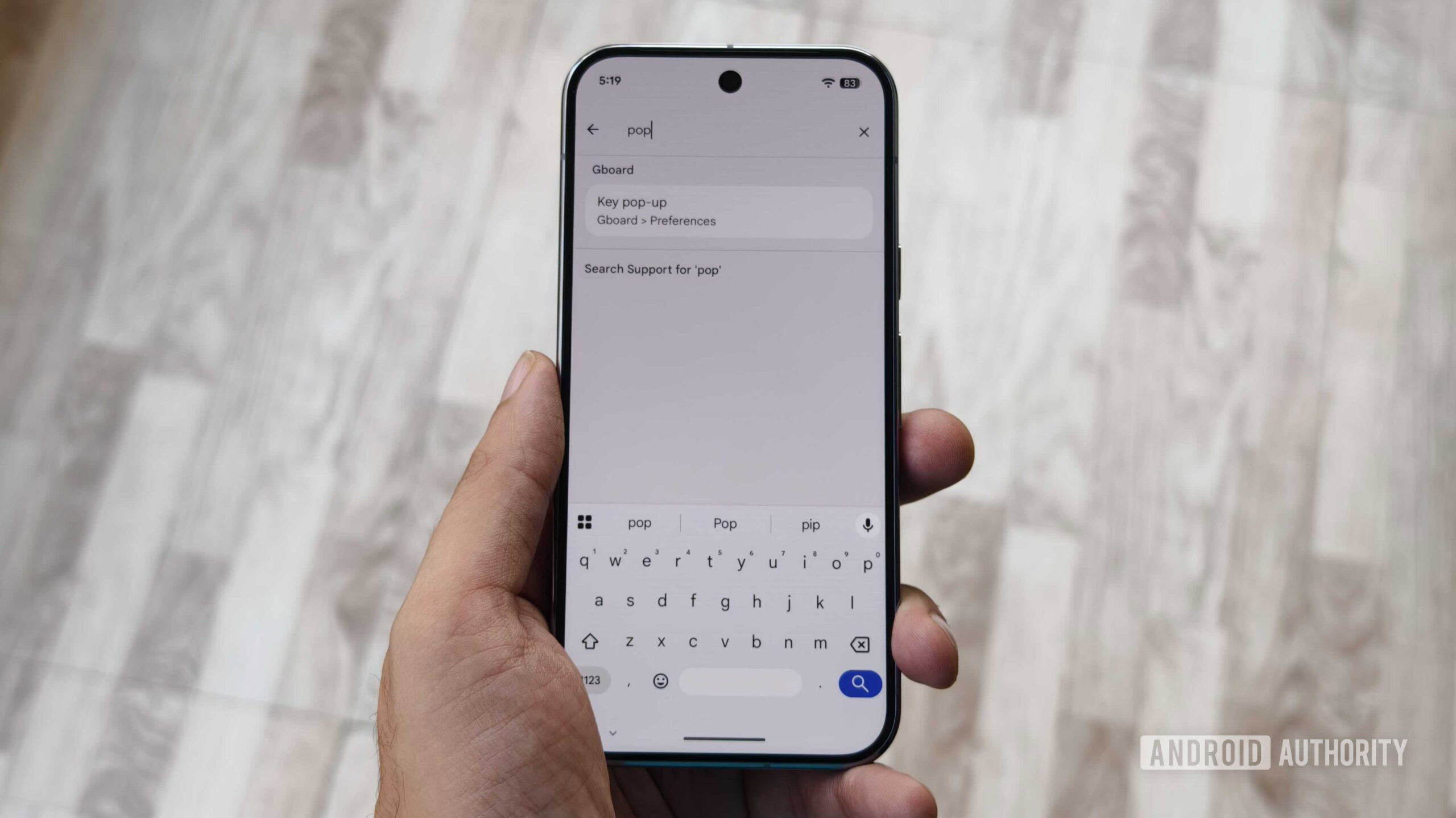 Procurando "pop" nas configurações do Pixel 10 Pro.