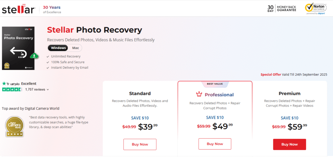 Tabela de preços do Stellar Photo Recovery