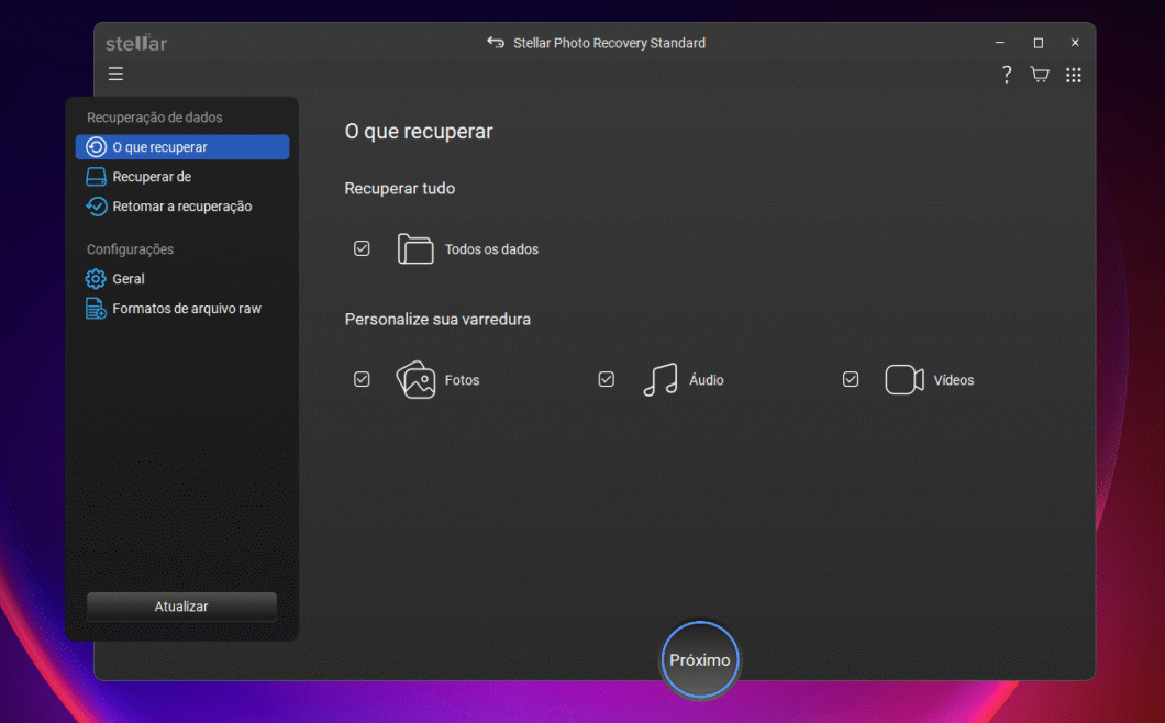 Captura de tela da tela inicial do aplicativo Stellar Photo Recovery