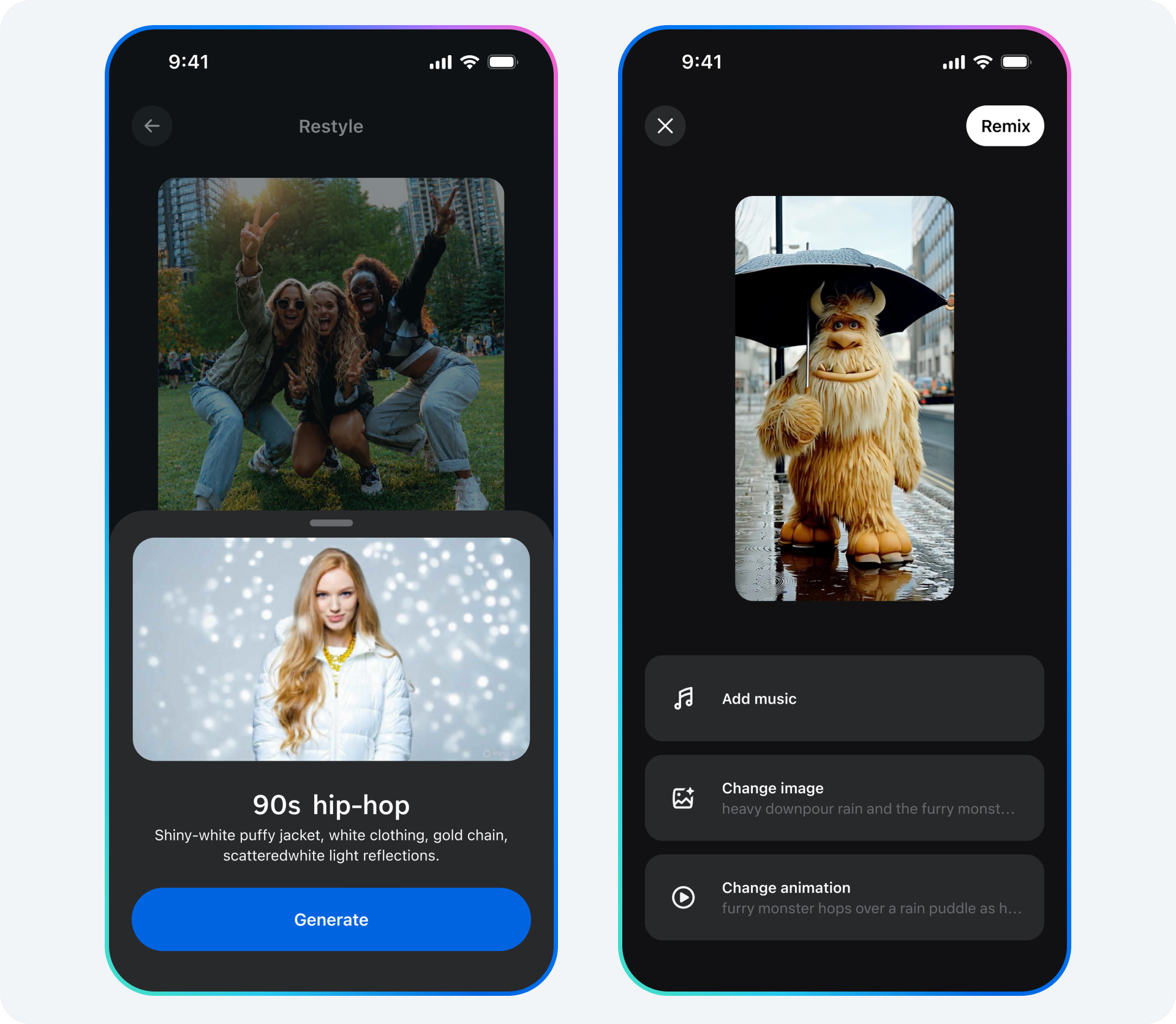 Duas telas de celular mostram a interface do Meta Vibes. A tela à esquerda tem o título "Restyle" e mostra duas fotos: a superior é de quatro pessoas sorrindo em um parque; a inferior é de uma mulher com uma jaqueta branca. Abaixo, o texto "90s hip-hop". A tela à direita tem o título "Remix" e mostra uma foto de um monstro peludo e laranja em pé em uma rua molhada, segurando um guarda-chuva preto.