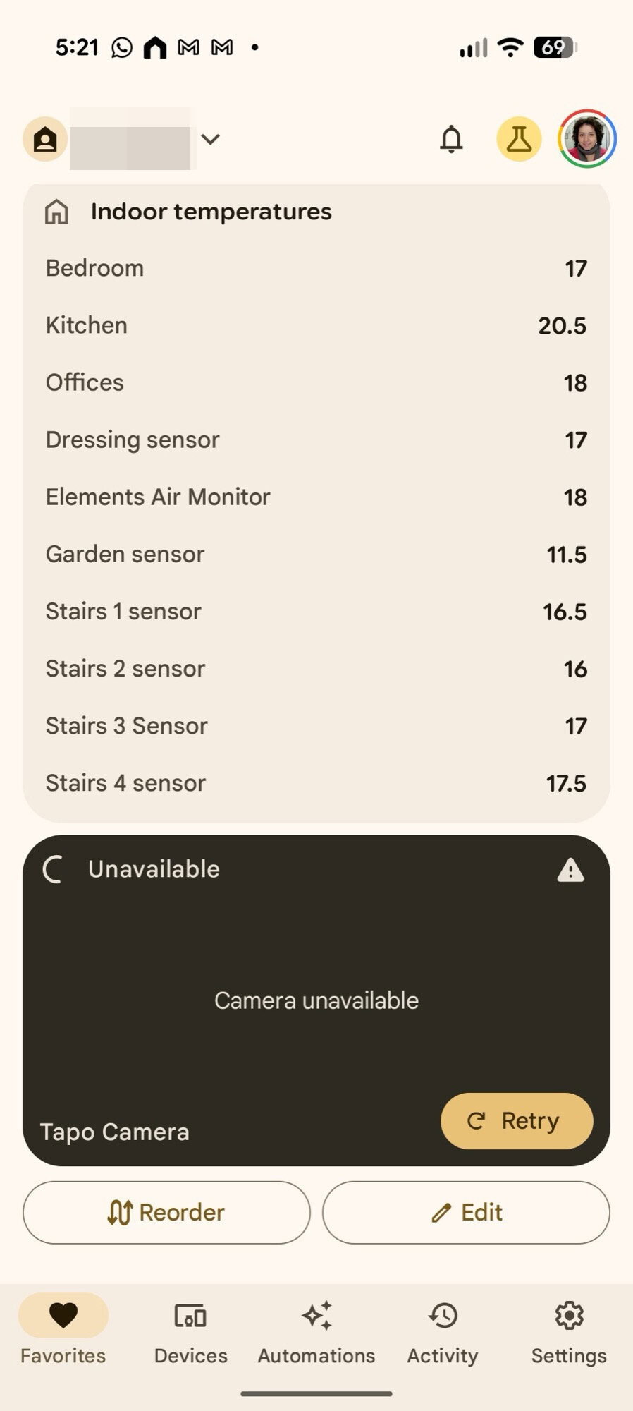 Câmera de captura de tela do Google Home App Tapo indisponível