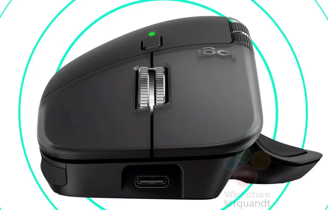 Imagem mostra um close da parte frontal do mouse Logitech MX Master 4, revelando a porta USB-C