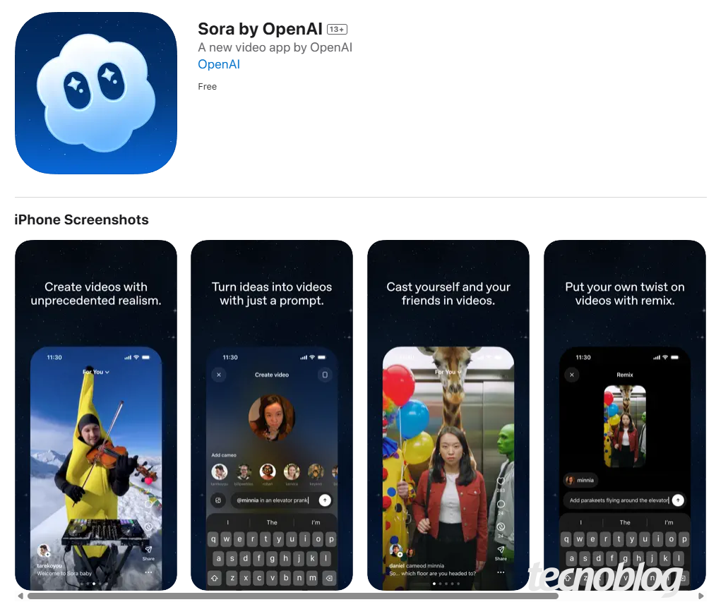 Captura de tela mostra o app Sora da OpenAI na App Store do iPhone