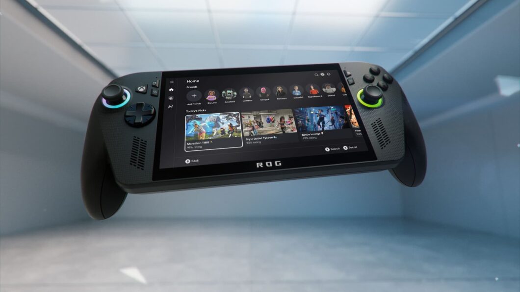 Imagem mostra um ROG Xbox Ally X, console de videogame portátil de cor preta. Na imagem, o aparelho flutua no ar contra um fundo desfocado de corredor futurista em tons de cinza e branco. A tela do console está ligada e mostra uma interface de usuário com vários jogos e aplicativos. O logotipo "ROG" está visível na parte inferior da tela.