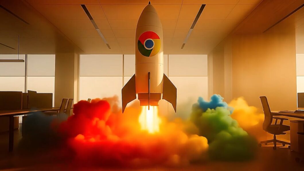Ilustração de um foguete com símbolo do Chrome decolando