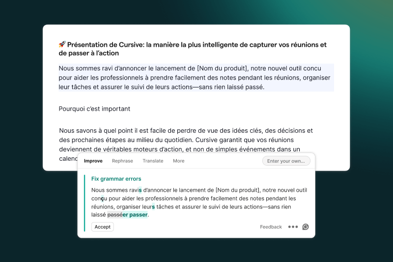 Uma tela mostra um editor de texto com sugest&otilde;es autom&aacute;ticas de corre&ccedil;&atilde;o gramatical em franc&ecirc;s. O software identifica erros de concord&acirc;ncia e ortografia, destacando-os em verde e oferecendo a forma correta. A interface sugere op&ccedil;&otilde;es como melhorar, reformular ou traduzir o texto, exemplificando como a ferramenta auxilia na escrita e revis&atilde;o.