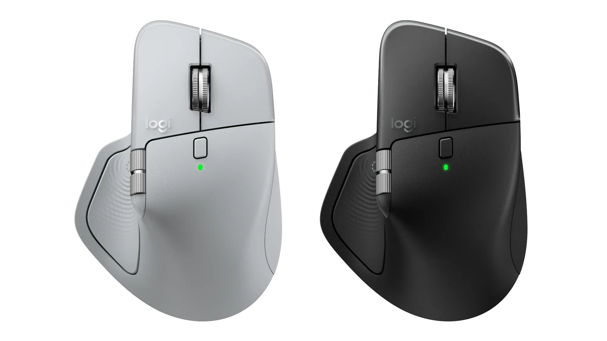 Imagem mostra dois mouses Logitech MX Master 4 lado a lado. Um é cinza claro e outro é preto. O fundo da imagem é branco