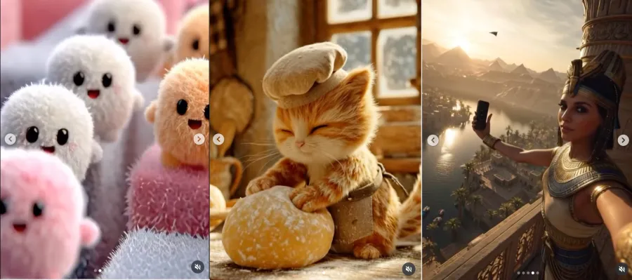 Três imagens geradas por inteligência artificial são exibidas lado a lado em formato de story. A primeira imagem, à esquerda, mostra várias criaturas fofas, redondas e peludas, em tons de branco e rosa. A segunda, no centro, é uma foto de um **gatinho ruivo** filhote usando um chapéu de padeiro e amassando uma massa de pão em uma cozinha rústica. A terceira, à direita, mostra uma **mulher vestida como a rainha Cleópatra** egípcia, tirando uma *selfie* com um celular em uma varanda com vista para um vale montanhoso e um rio ao pôr do sol.