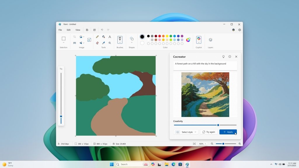 Captura de tela mostrando o Cocreator no Paint para Windows 11