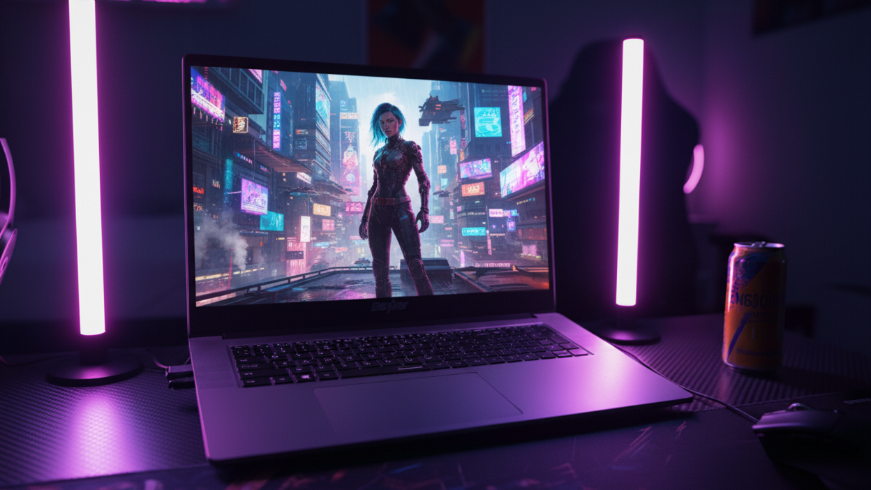 Notebook aberto em uma mesa exibe na tela uma cena futurista com personagem em traje tecnológico diante de prédios iluminados por letreiros coloridos. O ambiente tem iluminação em tons de roxo e rosa, com duas barras de LED verticais ao lado do computador. À direita, há uma lata de bebida energética e um mouse gamer sobre o mousepad.