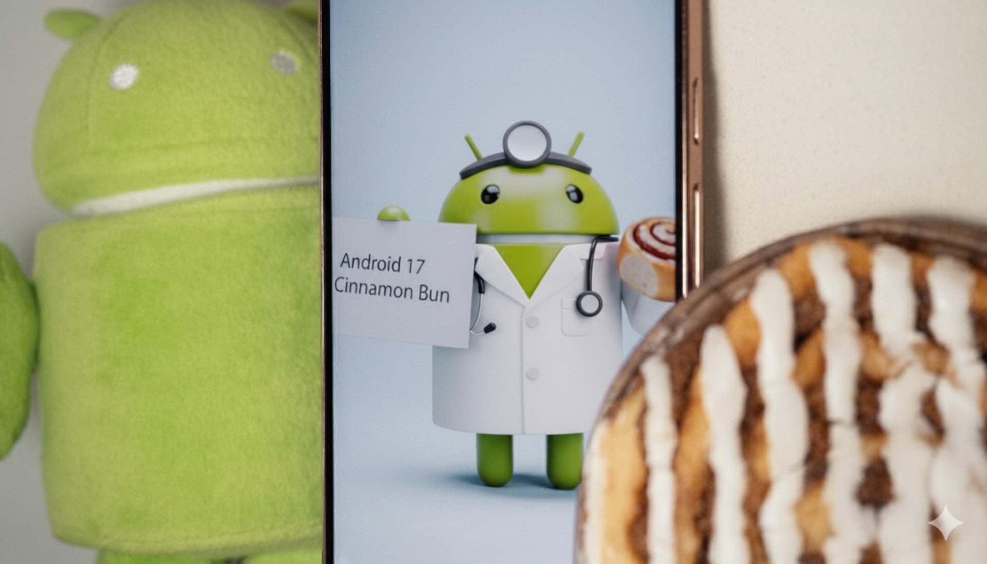 Bot Android vestido como médico segurando um cartão que diz Android 17 Cinnamon Bun