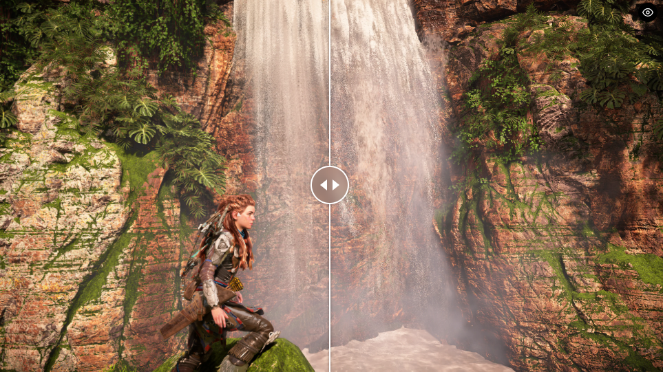 Imagem comparativa das resolu&ccedil;&otilde;es oferecidas pelo AMD FidelityFX no jogo Horizon Forbiden West