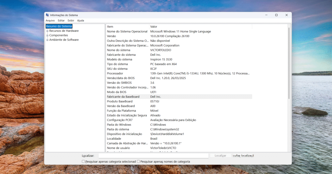 Tela de configuração do Windows que mostra onde encontrar detalhes sobre a placa-mãe
