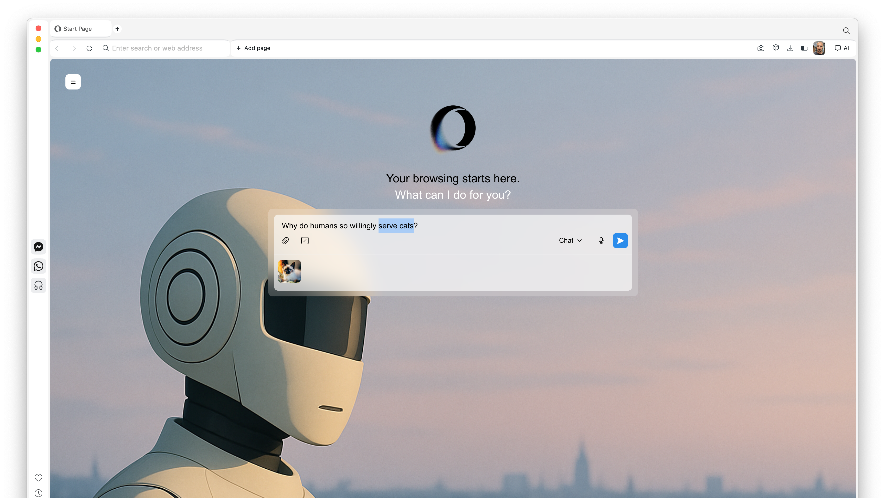 Tela inicial do navegador Opera Neon mostra fundo com céu ao entardecer e a silhueta de um robô branco. No centro da página aparece o logotipo da Opera e o texto “Your browsing starts here. What can I do for you?”. Abaixo, uma caixa de chat exibe a pergunta “Why do humans so willingly serve cats?”.