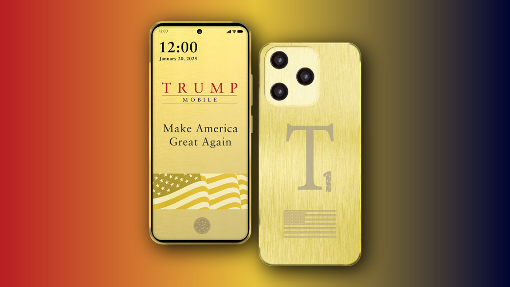 O telefone T1 de Trump contra um fundo laranja e amarelo.