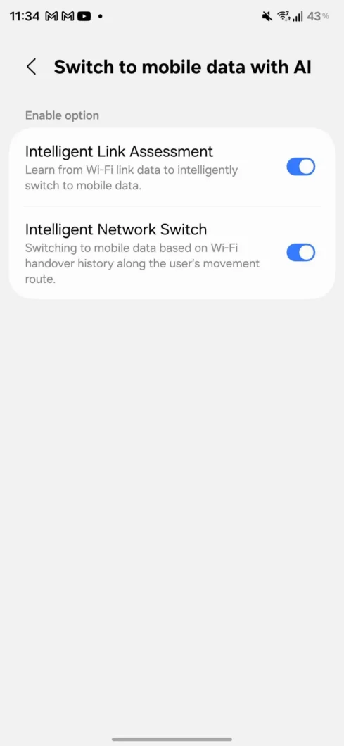 Captura de tela com duas funcionalidades de IA ativadas nas configurações de um smartphone da Samsung
