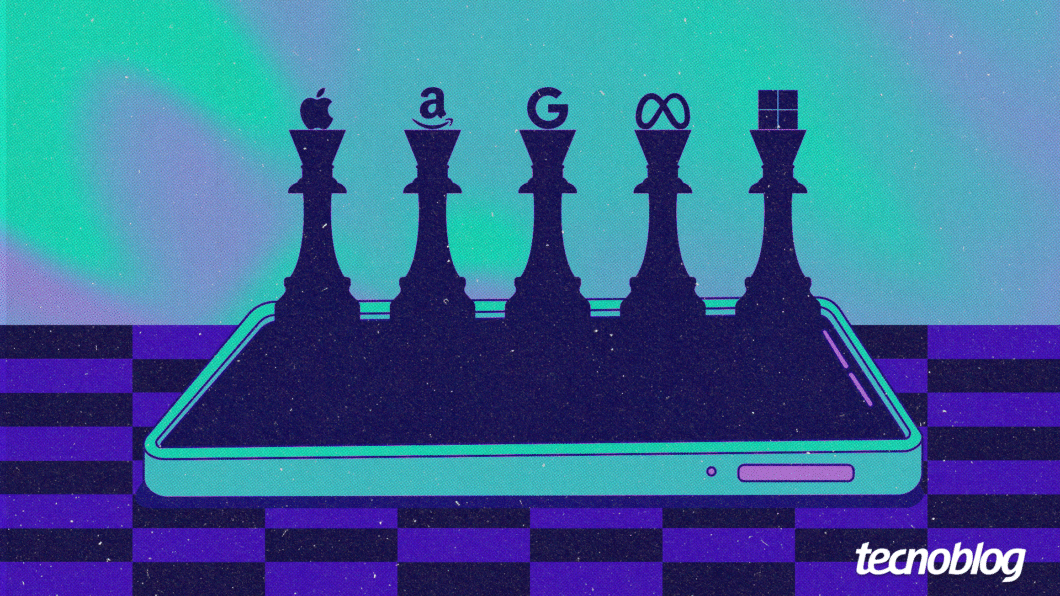 Ilustração sobre big techs mostra peças de xadrez com o logo da Apple, Amazon, Google, Meta e Microsoft, respectivamente. Na parte inferior direita, o logotipo do "tecnoblog" é visível.