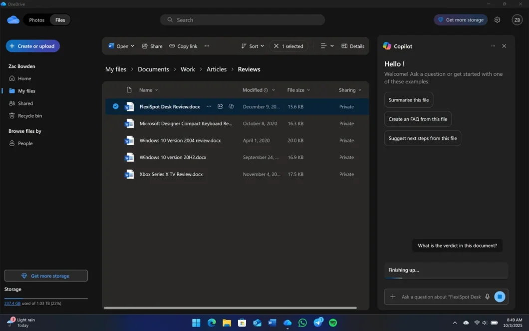 Captura de tela mostra nova versão do aplicativo do OneDrive, com integração ao Copilot