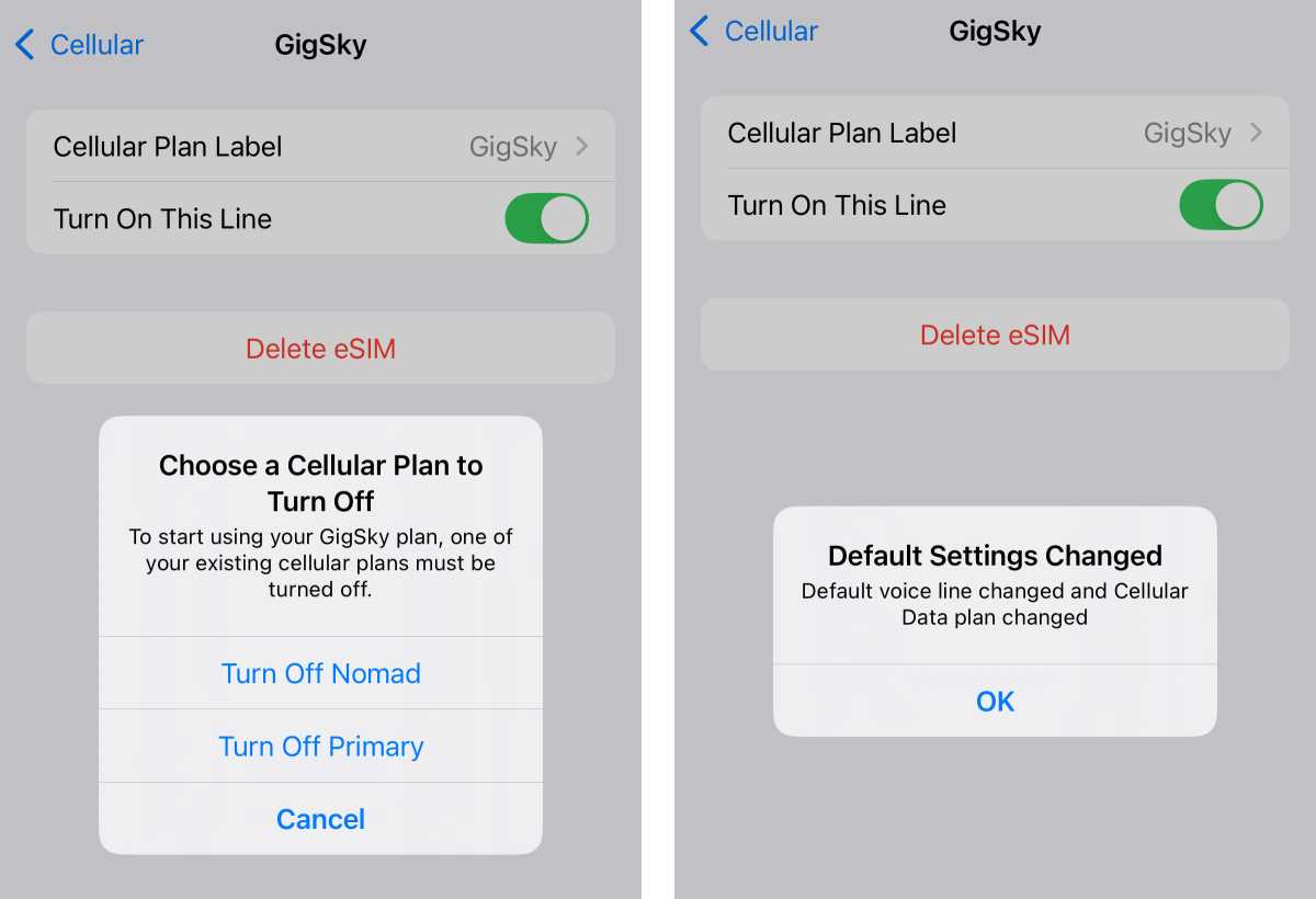 Apple iPhone Settings Cellular Plan switch