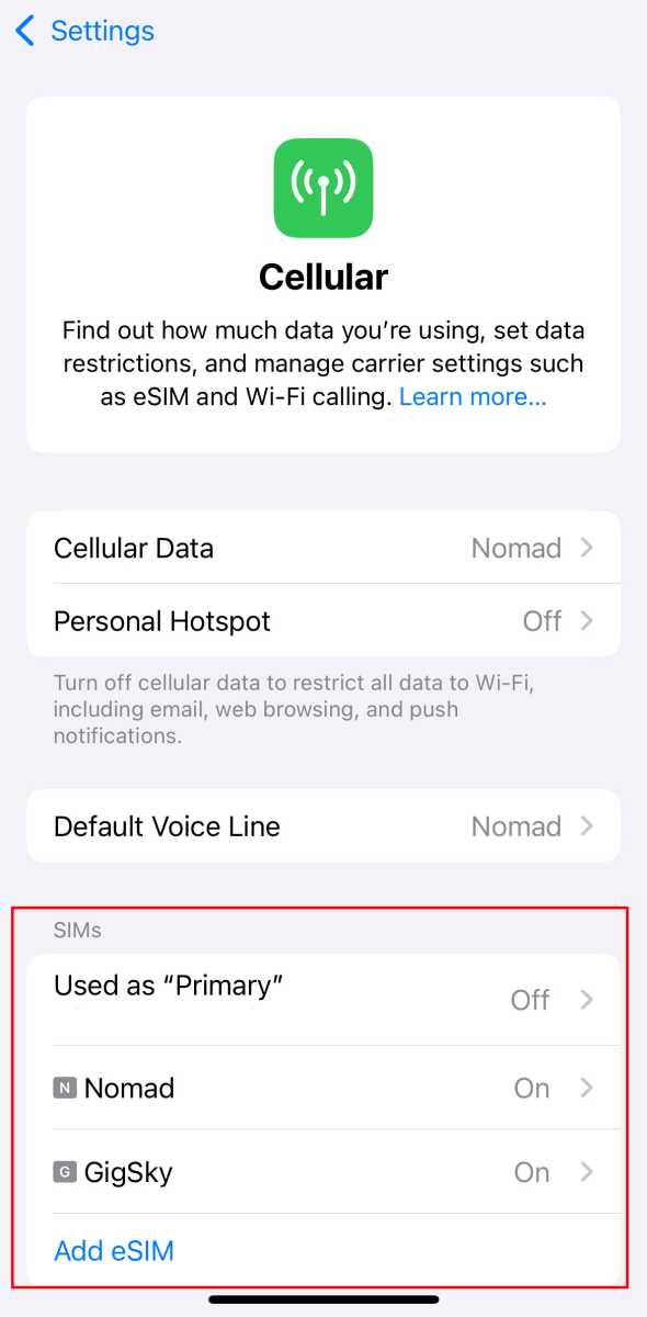 iPhone Settings Cellular SIMs On