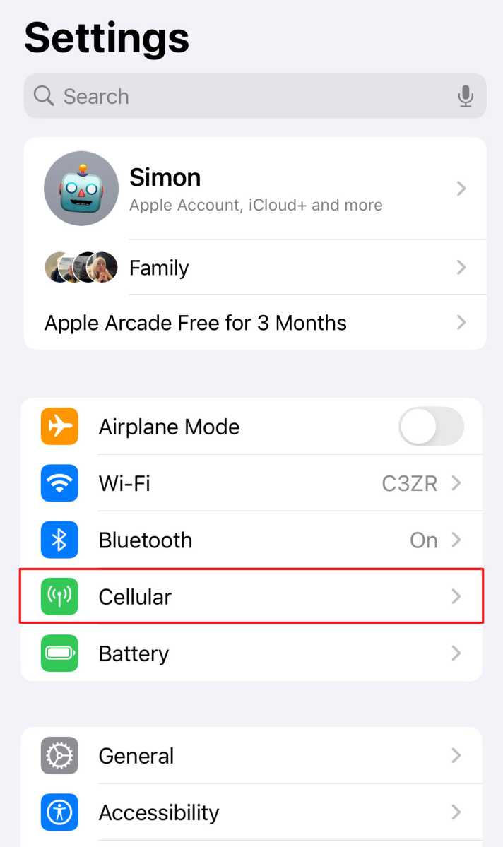 iPhone Settings Main Screen