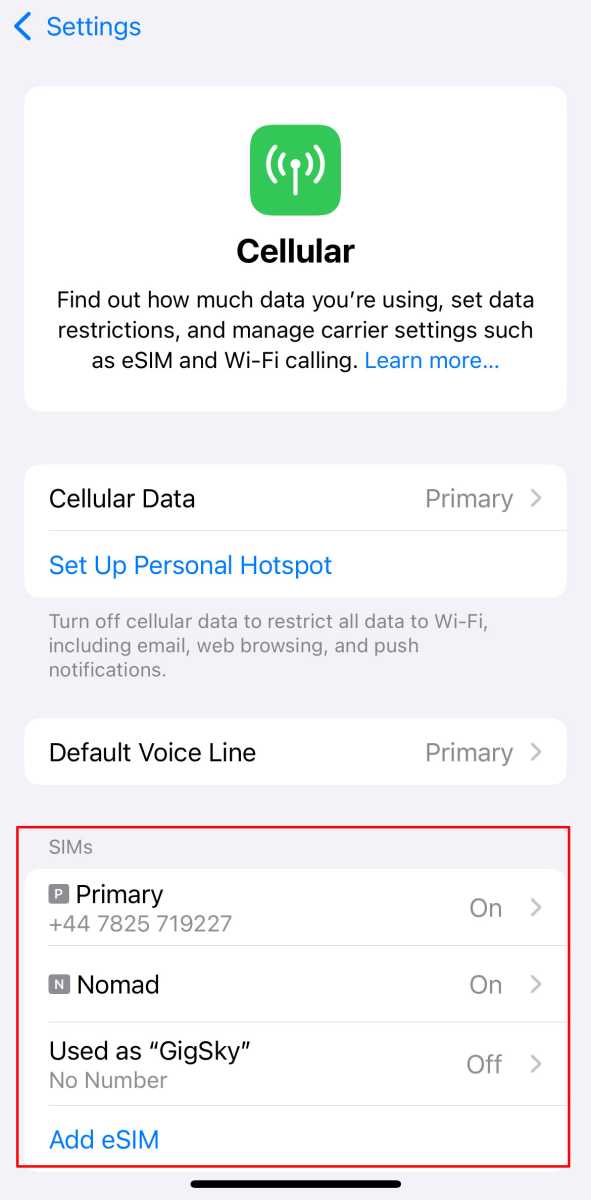 iPhone Settings Cellular SIMs Off