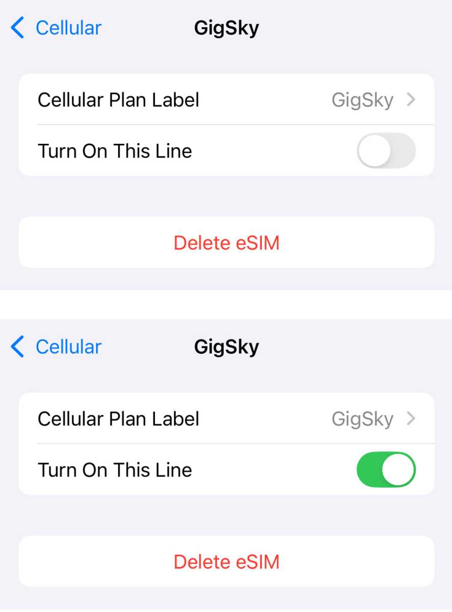 iPhone Settings Cellular SIMs on and Off Toggle