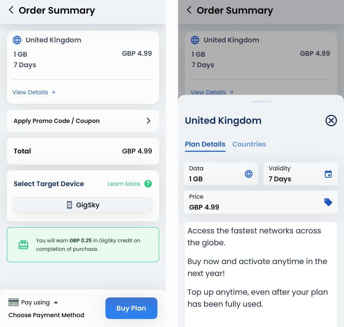 Top Up eSIM Data iPhone GigSky 2