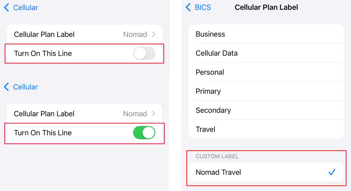 iPhone Settings Cellular eSIM switch on and label