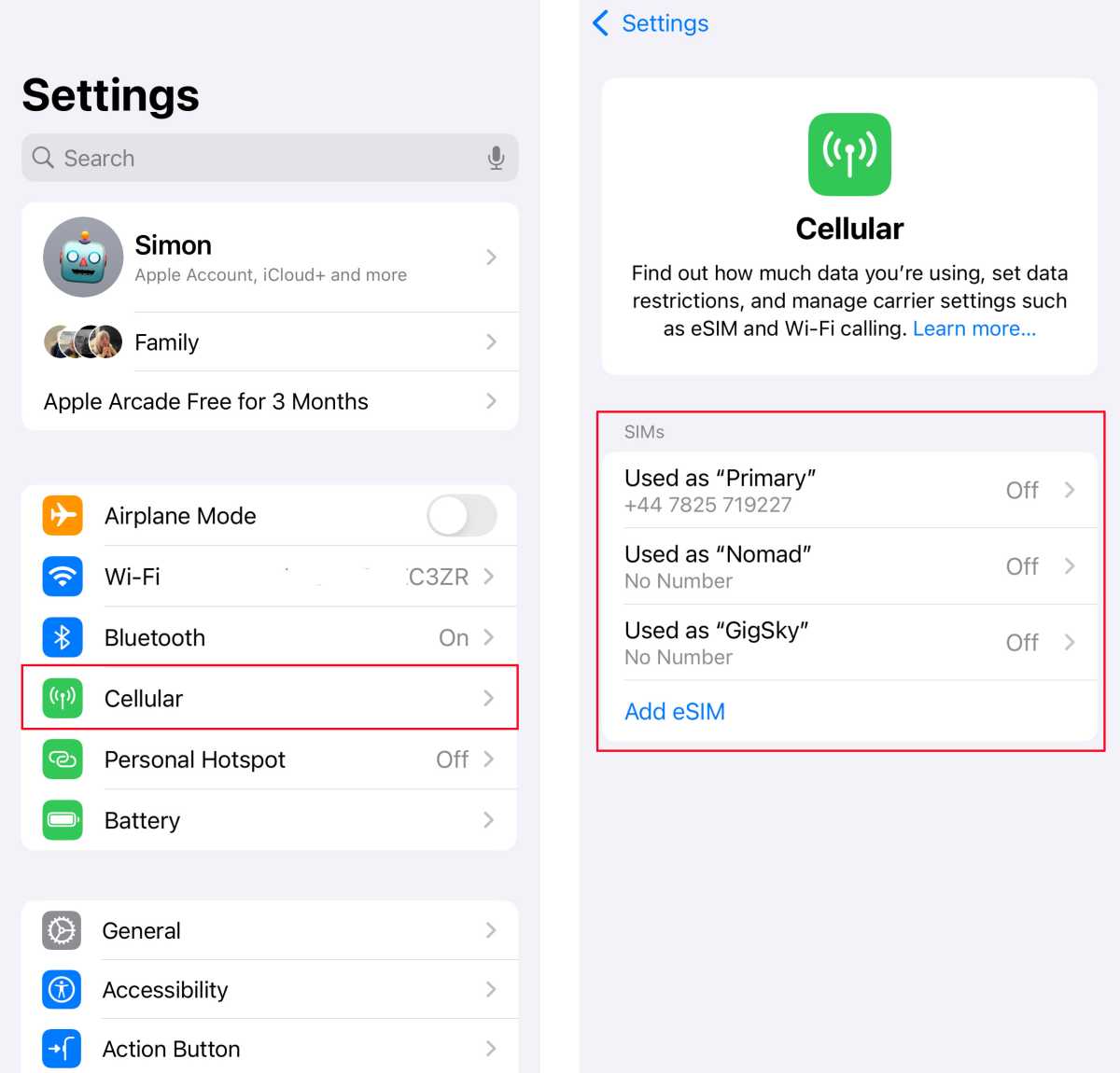  iPhone Settings Cellular and SIMs Off