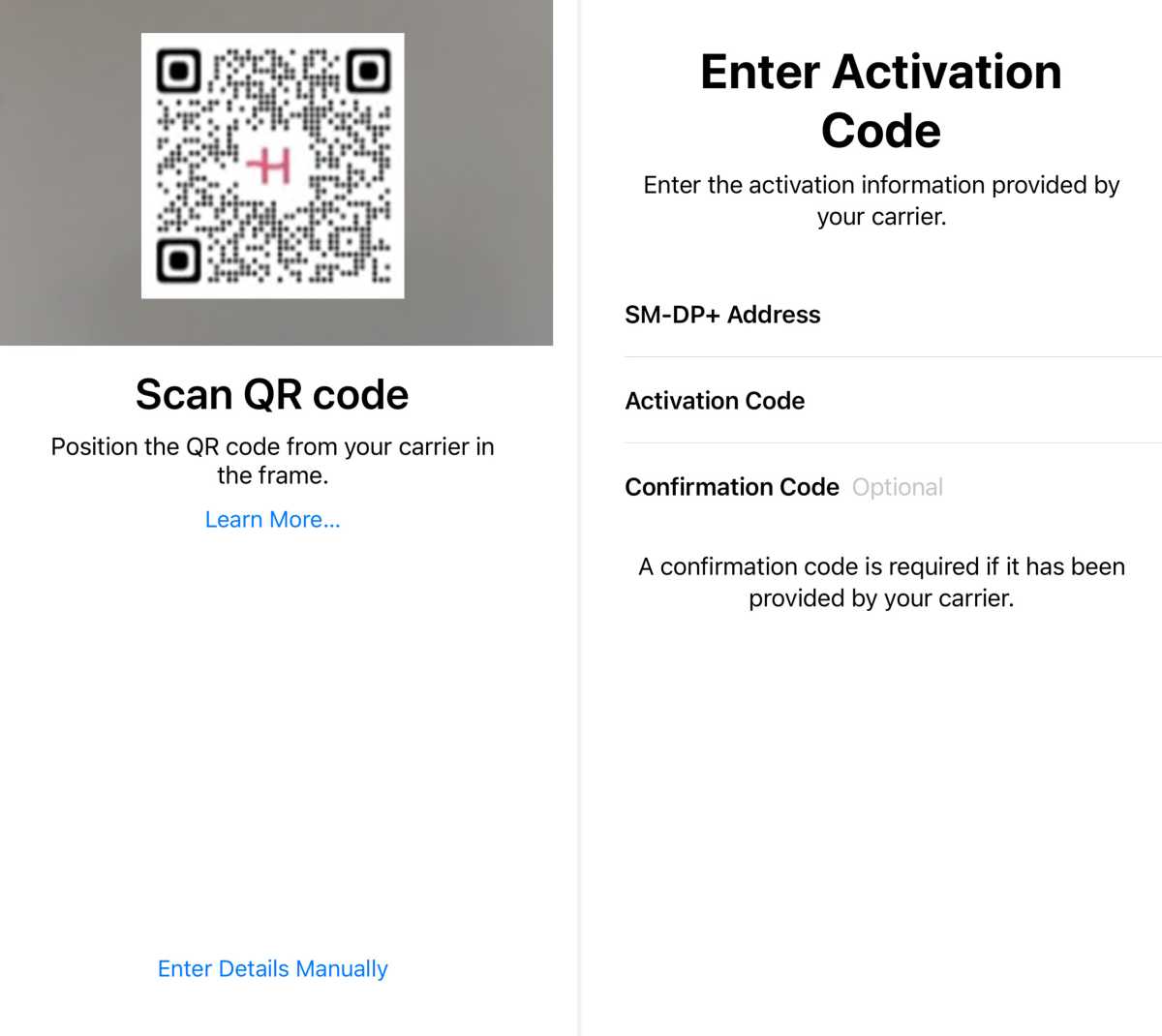 eSIM QR Code or Manual