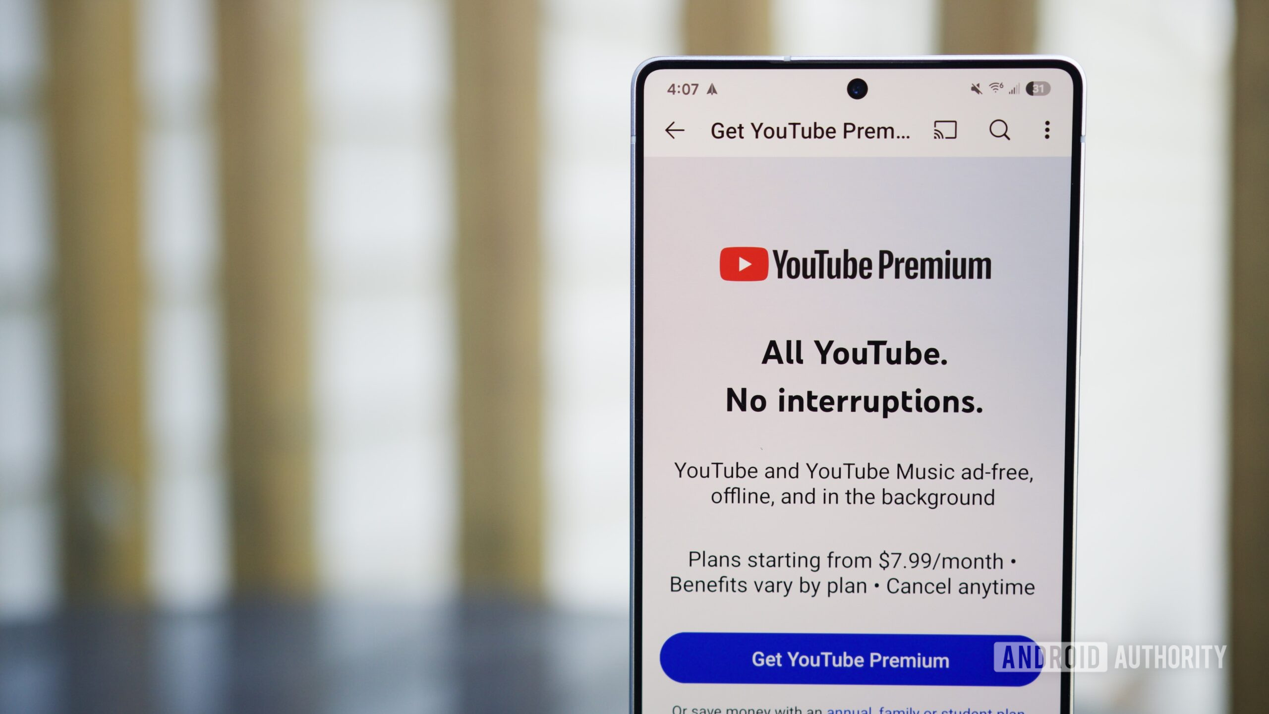 Tela do YouTube Premium no aplicativo YouTube.