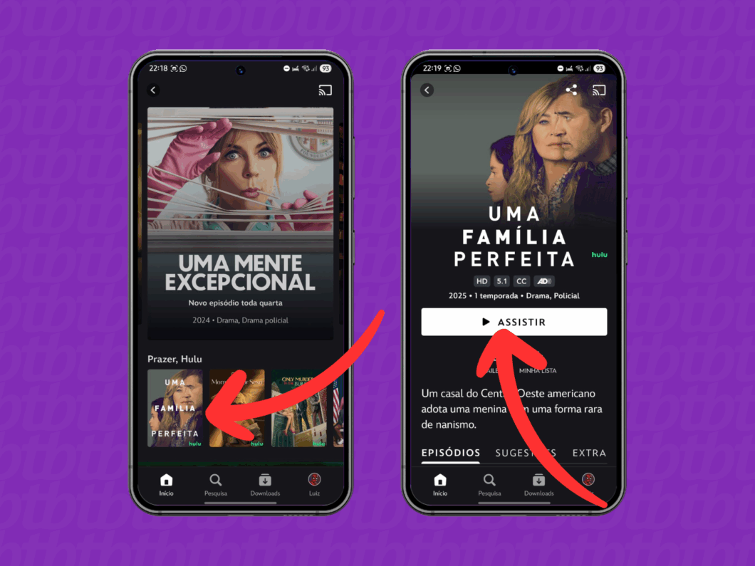 Selecionando e colocando para assistir o conteúdo da Hulu