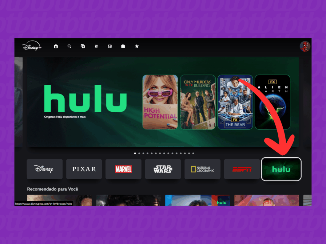 Abrindo a guia da Hulu no Disney+
