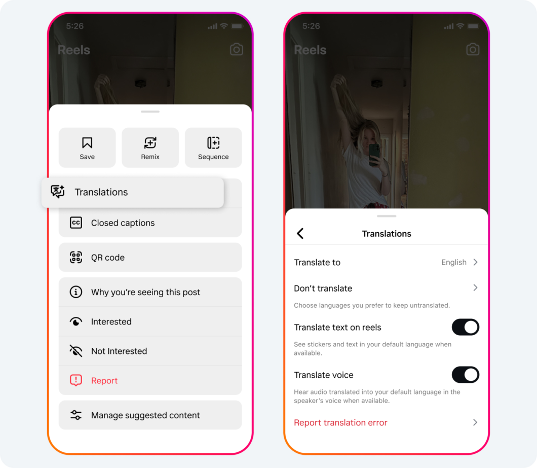 capturas de tela das configuações de idiomas do instagram