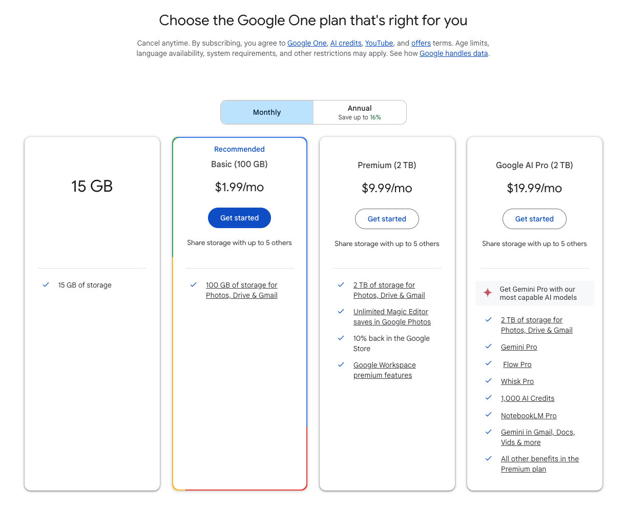 Uma captura de tela de diferentes planos do Google One.